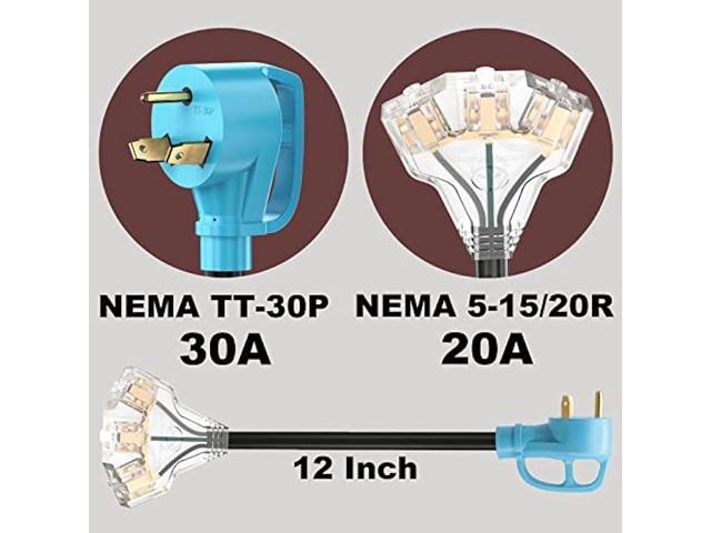 CircleCord 30 Amp to 110V RV Distribution Adapter Cord, NEMA TT-30P Male to 3X 5-15R/5-20R T-Blade Household Outlet Female with LED Power Indicator