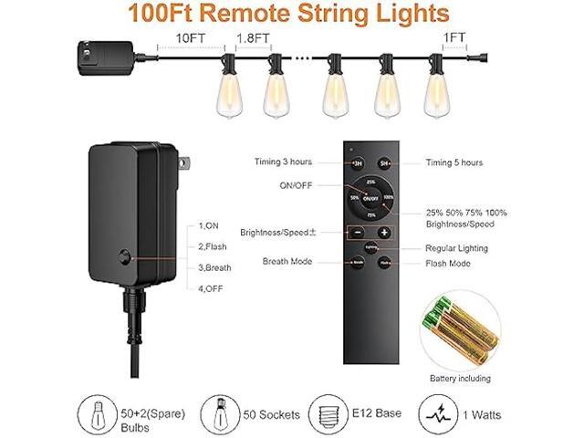 LaPitio 100FT Outdoor String Lights for Outside, 2500K 52 LED Bulbs with Remote, Waterproof Shatterproof for Garden, Patio, Backyard, Gazebo, Deck,...