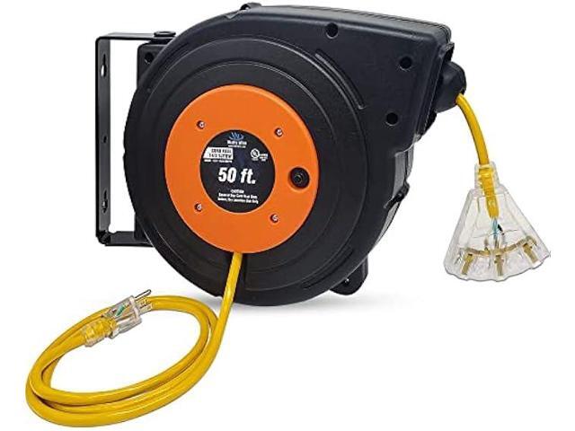 50 ft - 14 Gauge Retractable Extension Cord Reel - Heavy Duty Cable Reel w/Multi Outlet Lighted Receptacle - Premium Grade 13 Amp Extension Cord...