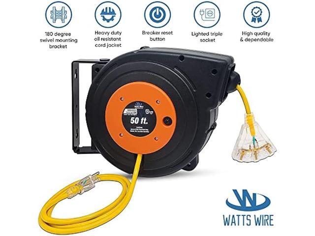 50 ft - 14 Gauge Retractable Extension Cord Reel - Heavy Duty Cable Reel w/Multi Outlet Lighted Receptacle - Premium Grade 13 Amp Extension Cord...