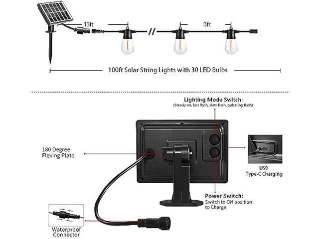 SUNTHIN 100ft Solar String Light Outdoor, USB Rechargeable Patio Solar Outdoor Lights with Waterproof & Shatterproof 30 LED Bulbs for Backyard,...