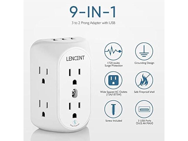 LENCENT 2 Prong Power Strip with 3 USB, 3 to 2 Prong Grounding Outlet Adapter, Polarized Plug, Surge Protector, 3-Sided 6 Outlet Widely Spaced...