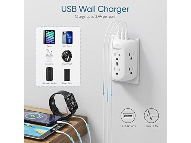 LENCENT 2 Prong Power Strip with 3 USB, 3 to 2 Prong Grounding Outlet Adapter, Polarized Plug, Surge Protector, 3-Sided 6 Outlet Widely Spaced...