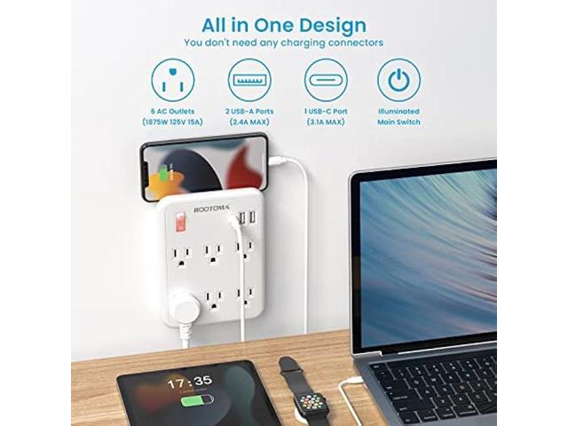 USB Wall Outlet Extender with On Off Switch, surge protector outlet,6 AC Multi-Plug Outlet with 3 USB Ports (1 USB C), 490 Joules, Flat outlet...