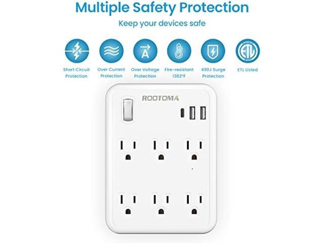 USB Wall Outlet Extender with On Off Switch, surge protector outlet,6 AC Multi-Plug Outlet with 3 USB Ports (1 USB C), 490 Joules, Flat outlet...