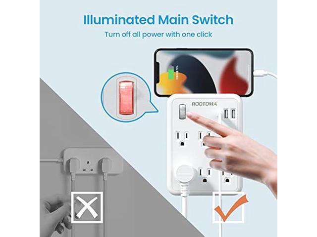 USB Wall Outlet Extender with On Off Switch, surge protector outlet,6 AC Multi-Plug Outlet with 3 USB Ports (1 USB C), 490 Joules, Flat outlet...