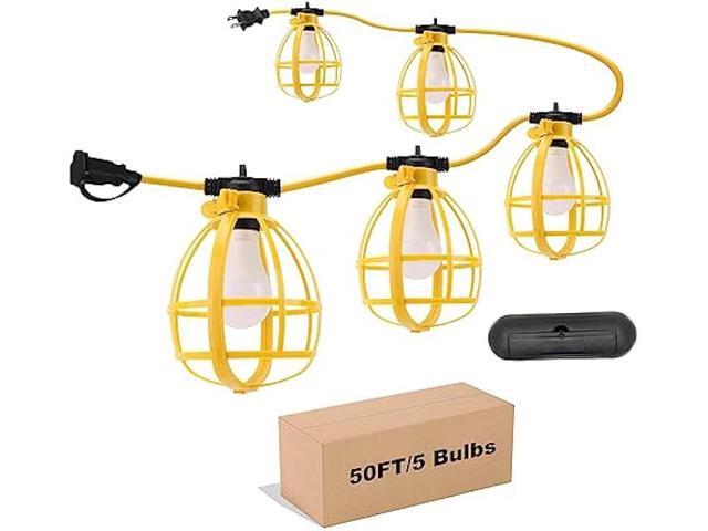 50FT Construction String Lights with Outdoor Extension Cord Safety Cover, 50W 5 Bulbs Work Lights, IP65 Waterproof, 4000LM 6500K Temporary Lighting...