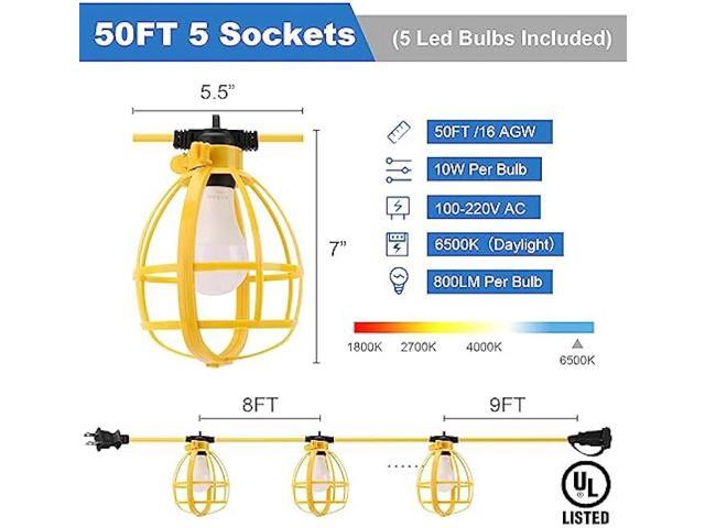 Yaoledly 50FT Construction String Lights with Outdoor Extension Cord Safety Cover, 50W 5 Bulbs Work Lights, IP65 Waterproof, 4000LM 6500K Temporary...