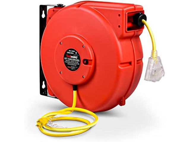 ReelWorks Extension Cord Reel Retractable Longest Industrial 12awg x 80' Foot Commercial Premium Grade Ultra Flexible 3C/SJTOW Glow Strip Cable and...