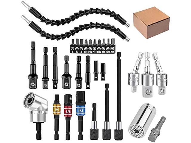 32pcs Flexible Drill Bit Extension Set, Rotatable Joint Socket 1/4 3/8 1/2 Inch Hex Socket Adapter, 105°Right Angle Drill Attachmen, Bendable...