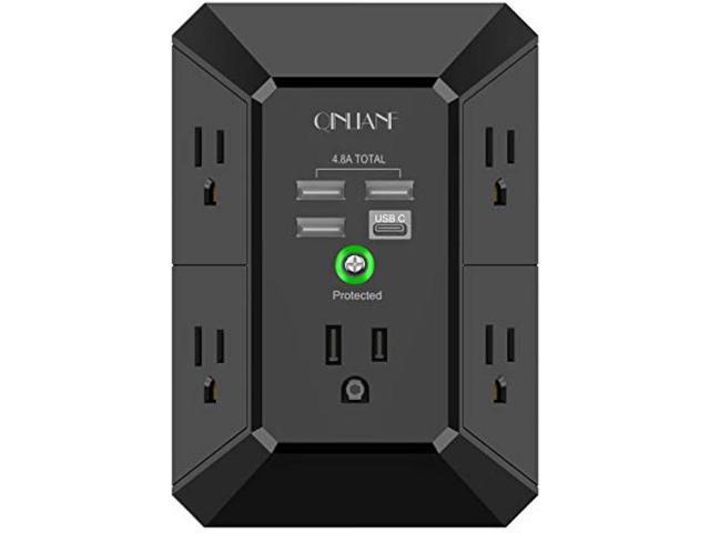 USB Wall Charger, Surge Protector, QINLIANF 5 Outlet Extender with 4 USB Charging Ports ( 4.8A Total) 3-Sided 1680J Power Strip Multi Plug Outlets...