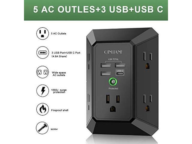 USB Wall Charger, Surge Protector, QINLIANF 5 Outlet Extender with 4 USB Charging Ports ( 4.8A Total) 3-Sided 1680J Power Strip Multi Plug Outlets...