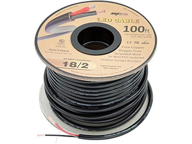 100 ft. 18AWG Low Voltage LED Cable, 2 Conductor, Outdoor Rated, Black Sleeve in-Wall Speaker Wire UL Certified Class 2, Sunlight Resistant