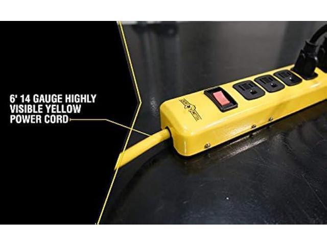 Yellow Jacket 5139N 14/3 6-Outlet Heavy Duty Industrial Metal Workshop Strip with 6-Foot Power Cord, Sliding Safety Covers and Overload Protection