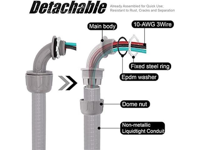 4FT 1/2-Inch Electrical AC Whip Kit,Nonmetallic Liquid Tight Flexible Electrical Conduit,6FT of Connecting Wires 3-Conductor 10-Gauge Wires with...