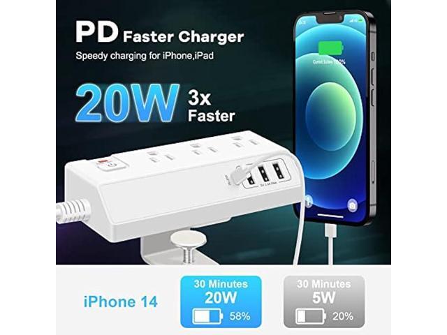 Desk Clamp Power Strip with USB C (20W PD) - Removable Surge Protector with 3 Outlet 4 USB Ports - Multi Outlet Plug Edge Mount Desktop Power...
