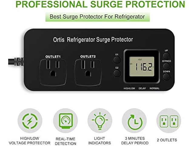 Refrigerator Surge Protector, Ortis Double Outlet Electronic Surge Protector for Home Appliances with Time Delay & Real-Time Electricity Usage...