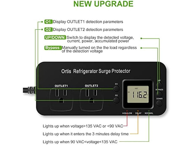 Refrigerator Surge Protector, Ortis Double Outlet Electronic Surge Protector for Home Appliances with Time Delay & Real-Time Electricity Usage...