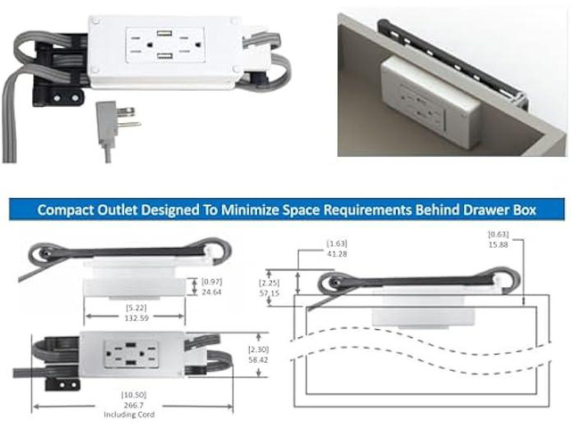 Compact in-Drawer Outlet Charging Station (2) 15 Amp AC Outlets (2) USB-A Ports with Cord Management Arm, White
