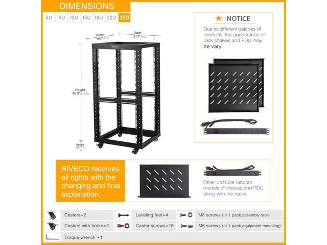 RIVECO 25U Open Frame Server Rack with Wheels + PDU (8 Outlets) Power Strip Surge Protector (2pcs Rack Shelves +1 PDU, 25U)