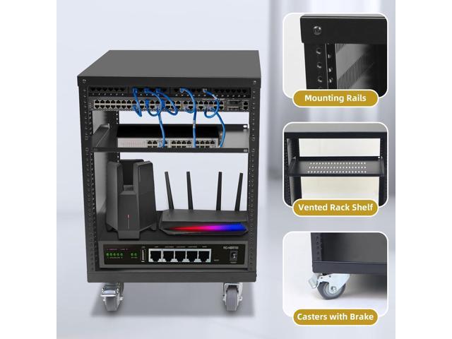 EasyVibe 12U Open Frame Server Rack with Casters, 12U Network Cabinet with 1 Rack Shelf, Rolling Network Rack for Computer/AV/Data/IT Equipment