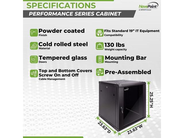 NavePoint 12U Server Cabinet Wall Mount Rack Enclosure Includes 2 Fans, Locking Glass Door, Removable Side Panels 12U Network Cabinet 23.6 Deep,...