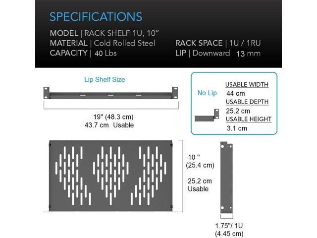Beiyier 2PCS 1U Universal Server Rack Shelf, 10' Deep Vented Cantilever Mount Tray, for 19 Network Equipment Rack & Cabinet (Black)
