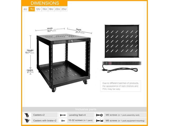 RIVECO 9U Network Rack with Reinforced Top Cover - 4 Post Floor Rack on Wheels for 19' Equipment & Stereo Gear- Including Rack Mount Power Strip &...