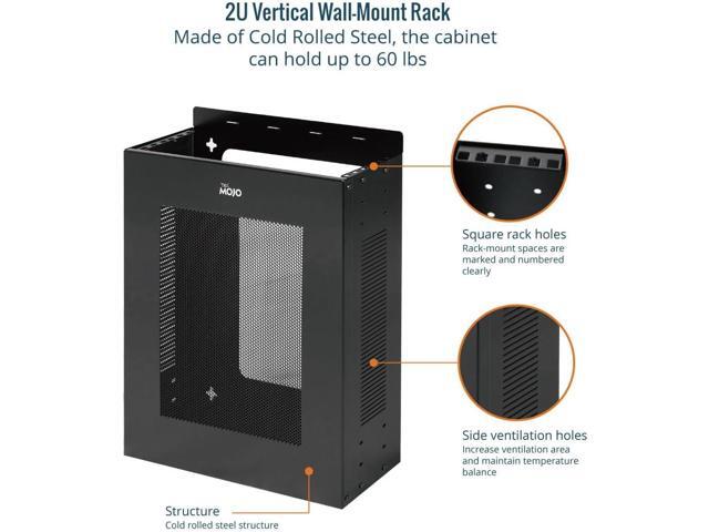 2U Vertical/Horizontal Wall Mountable Server Rack, with Vented Enclosure for 19' IT Equipment, Cable Modems, Telecom, A/V, Black