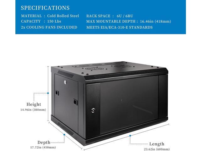 RackPath 6U Professional Wall Mount Server Cabinet Network Rack Enclosure with 2X Quiet Cooling Fan, 1x Brush Cable Management Panel, Black