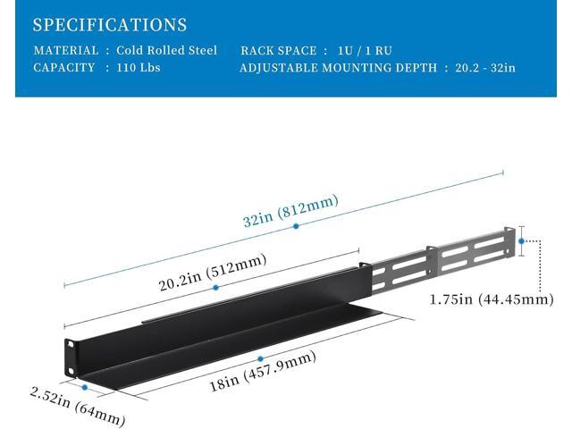 1U 4-Post Server Rack Rail, 20.2-32 Inch Adjustable Depth - 110lbs Capacity
