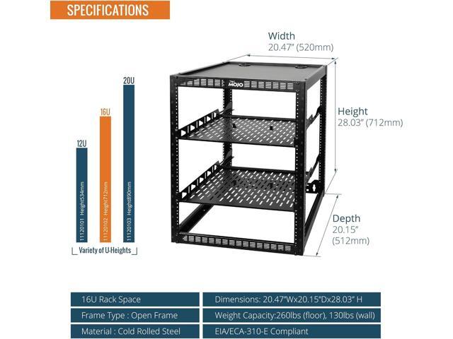 16U Open Frame Rack for Servers & AV Gear,Server Rack Floor Standing or Wall Mounted,with 2 PCS 1U Rack Shelves & Mounting Hardware,Network Rack...