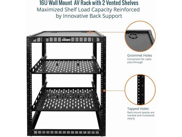 16U Open Frame Rack for Servers & AV Gear,Server Rack Floor Standing or Wall Mounted,with 2 PCS 1U Rack Shelves & Mounting Hardware,Network Rack...