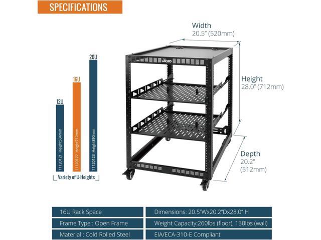 16U Open Frame Network Rack for Servers & AV Gear, Server Rack 4-Post with casters, Mobile Server Rack with 2 PCS 1U Server Rack Shelf & Mounting...