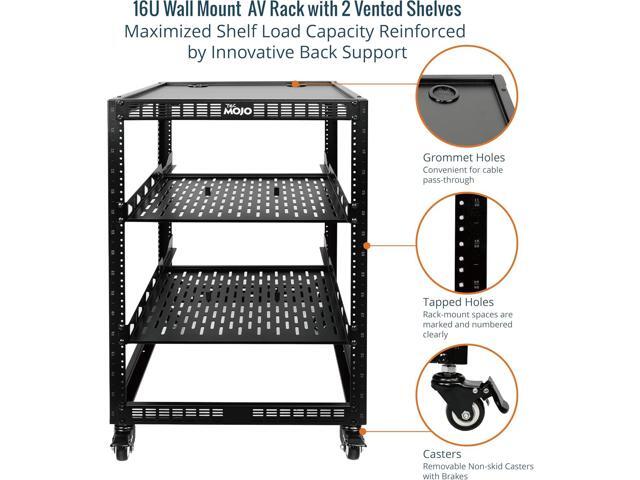 16U Open Frame Network Rack for Servers & AV Gear, Server Rack 4-Post with casters, Mobile Server Rack with 2 PCS 1U Server Rack Shelf & Mounting...
