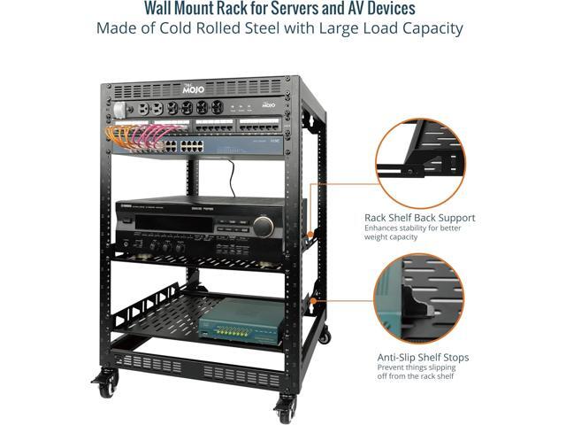 16U Open Frame Network Rack for Servers & AV Gear, Server Rack 4-Post with casters, Mobile Server Rack with 2 PCS 1U Server Rack Shelf & Mounting...