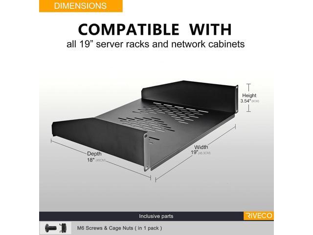 RIVECO 19 2U Rack Shelf Server Cabinet Mount Vented Cantilever Tray for Network Equipment, 18 Inches 45 CM Depth, Black