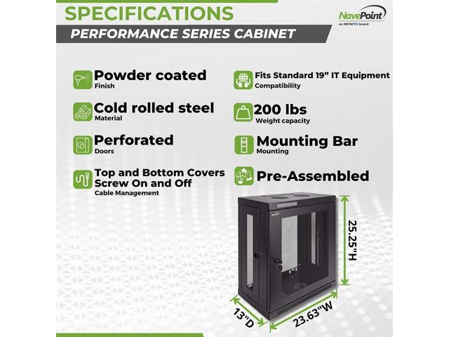 NavePoint 12U Server Cabinet Wall Mount Rack Enclosure with Perforated Door, Locking, Removable Side Panels 12U Network Cabinet 13 Deep, 19 Inch...