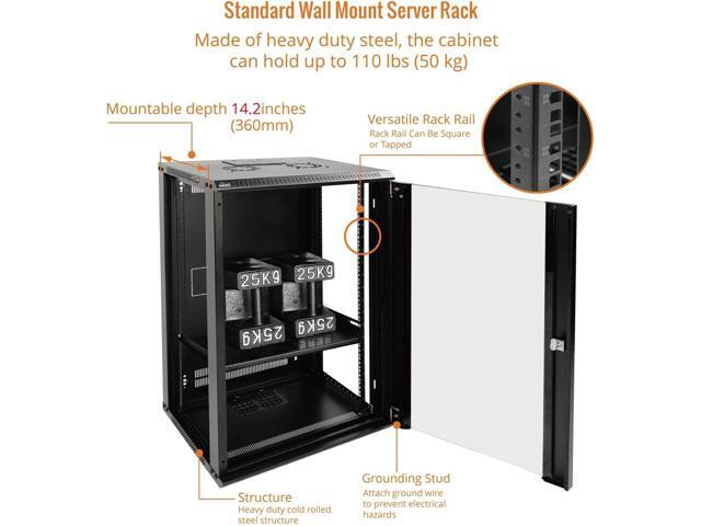 18U Wall Mount Rack Network Cabinet for 19' IT Equipment,with Lockable Glass Door and Side Panels,Cooling Fan,Black,17.7inch Depth for...