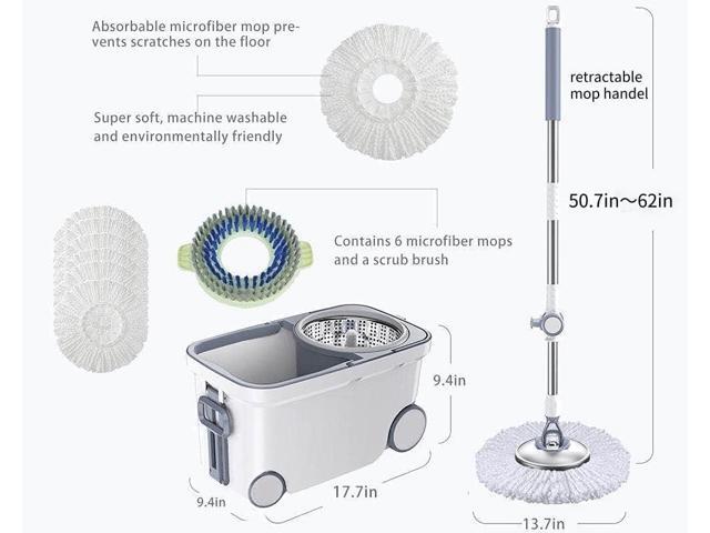 Spin Mop Bucket Deluxe 360 Spinning Floor Cleaning System with 6 Microfiber Replacement Head Refills,62' Extended Handle,4X Wheel for Home Cleaning