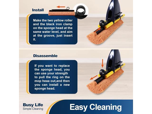 Yocada Sponge Mop Home Commercial Use Tile Floor Bathroom Garage Cleaning Total 3 Sponge Heads Squeegee and Extendable Telescopic Long Handle 42.5...