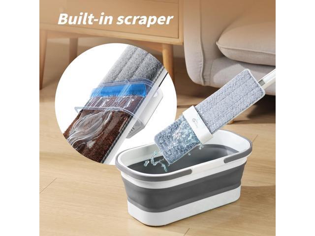 Oshang Flat Mop and Collapsible Bucket OG7 with Wheels, 2 Washable Reusable Microfiber Pads, Pure White