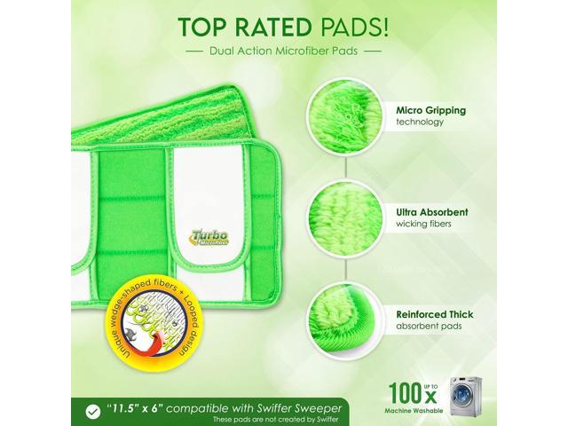 Reusable Pads Compatible with Swiffer Sweeper Mops - Washable Microfiber Mop Pad Refills by Turbo - 12 Inch Floor Cleaning Mop Head Pads Work Wet...