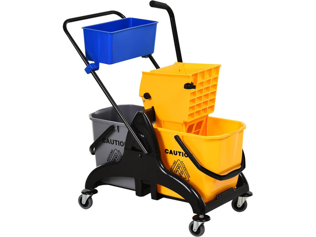 HOMCOM 6.9 Gallon Mop Water Bucket Wringer Cart with Easy to Use Side Press Wringer, Smooth Wheels, Mop-Handle Holder