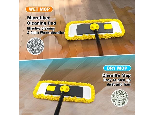 Dust Mop with Microfiber & Chenille Pads, Dry Wet Flat Mop for Cleaning Hard Wood Laminate Tile Vinyl Kitchen Bathroom Home (Yellow)