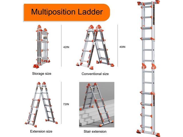 Ladder, A Frame 4 Step Ladder Extension, 14 FT Anti-Slip Multi Position & Storage Folding Ladder, 330 lbs Security Load Telescoping Aluminum...