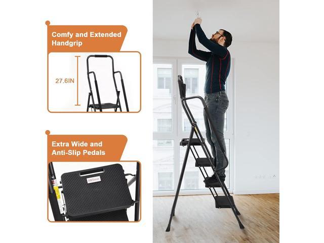 HBTower Step Ladder with Handrails, Folding Step Stool with Attachable Tool Bag & Anti-Slip Wide Pedal for Home Kitchen Pantry Office, Black