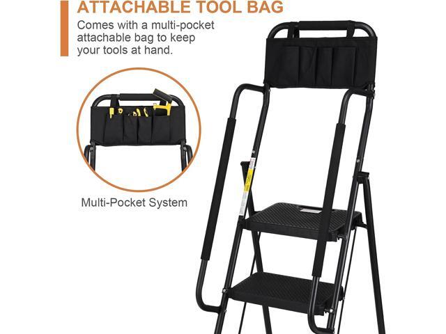 HBTower Step Ladder with Handrails, Folding Step Stool with Attachable Tool Bag & Anti-Slip Wide Pedal for Home Kitchen Pantry Office, Black