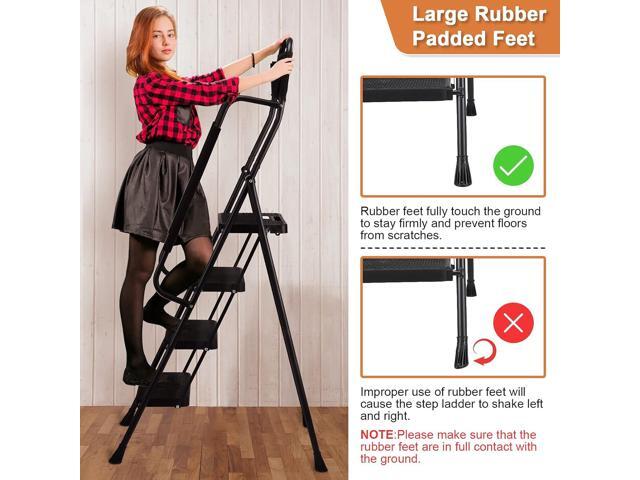 HBTower Step Ladder with Handrails, Folding Step Stool with Attachable Tool Bag & Anti-Slip Wide Pedal for Home Kitchen Pantry Office, Black