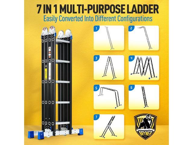 Bryner Folding Step Ladder, 19.6ft, 7 in 1 Multi-Purpose Folding Adjustable Telescoping Aluminium Extension Ladders, 330lbs